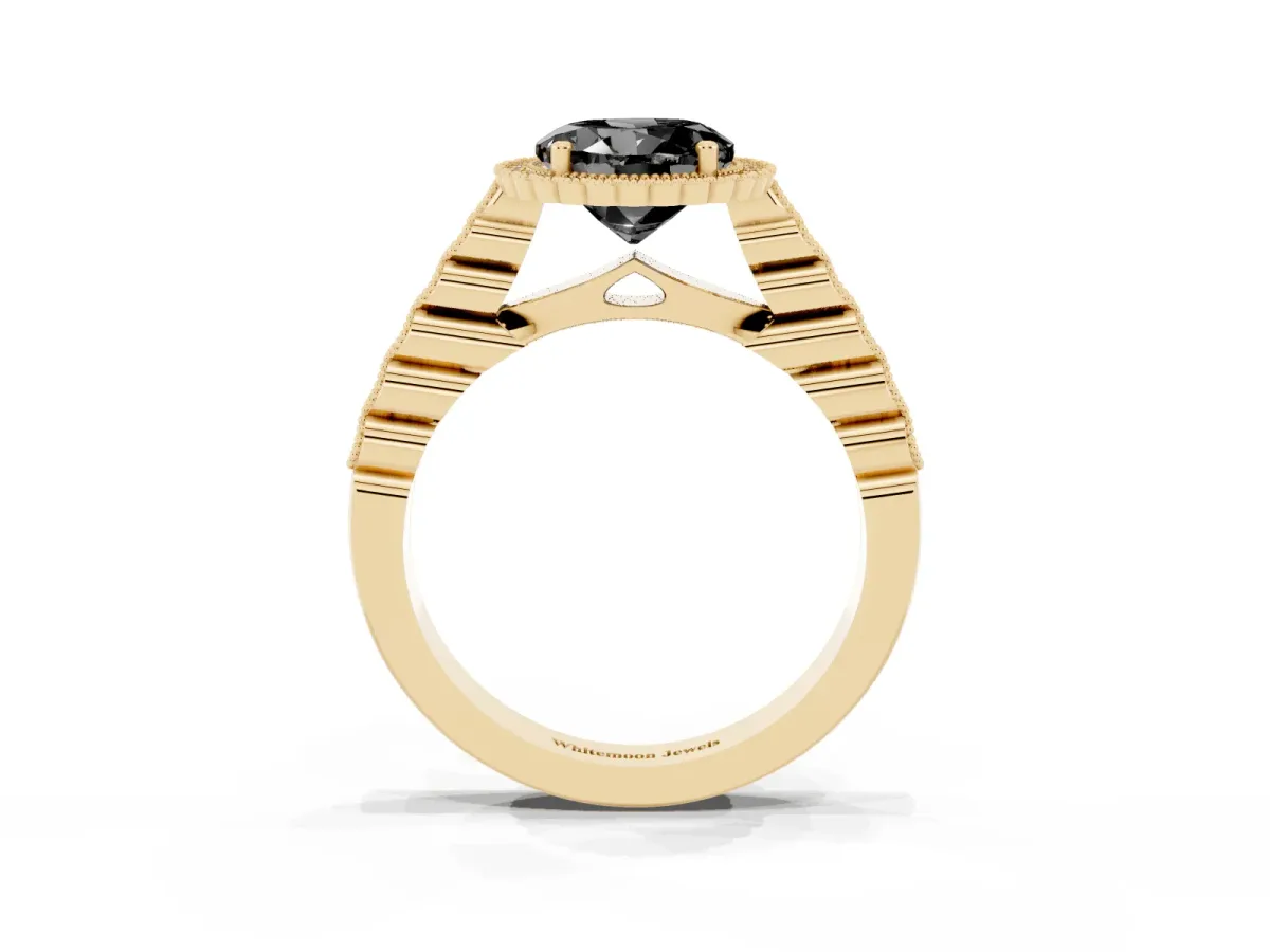 Fancy Black Round Cut Cut Halo Pavé Solitaire Ring with Milgrain Band Yellow gold
