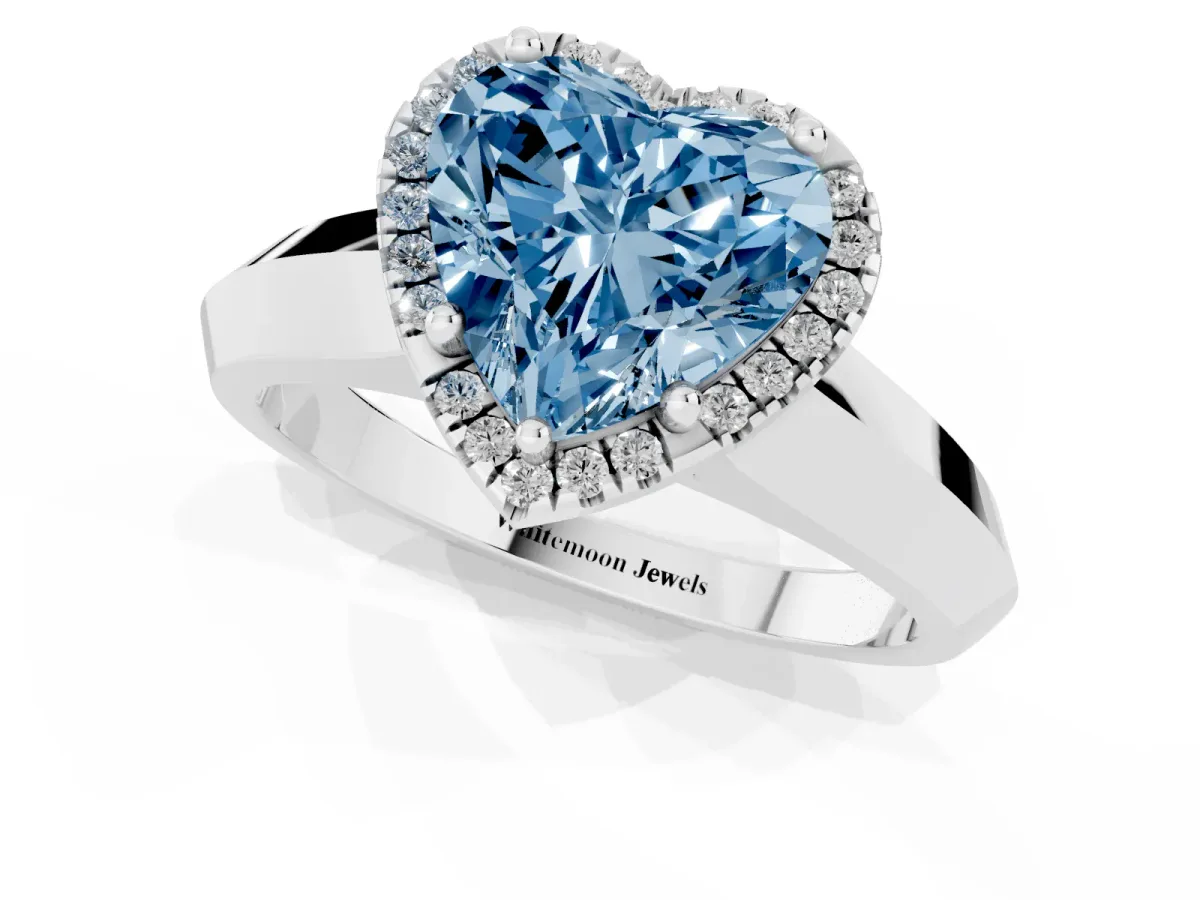 Fancy Blue Heart Cut Halo Diamond Ring with Cathedral Band and Four-Prong Setting Silver