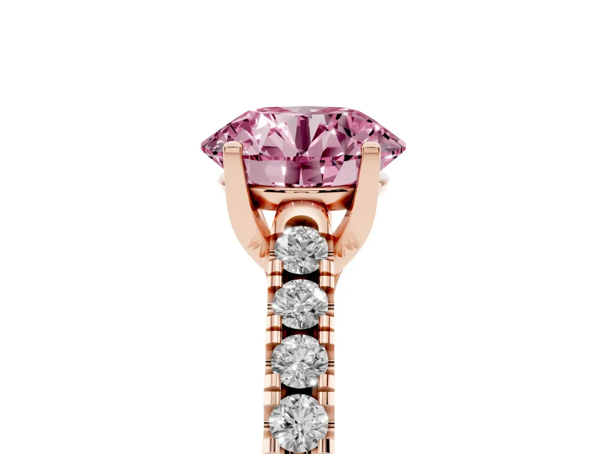 Fancy Pink Round Cut Diamond Pavé Band Solitaire Ring with Prong Setting Rose gold