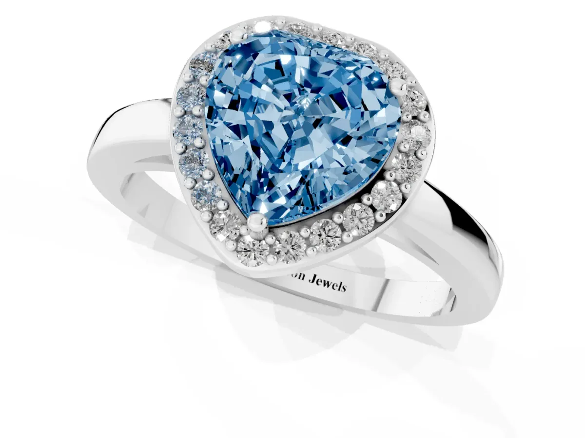 Fancy Blue Heart Cut Halo Diamond Ring with Solitaire Band and Prong Setting Silver