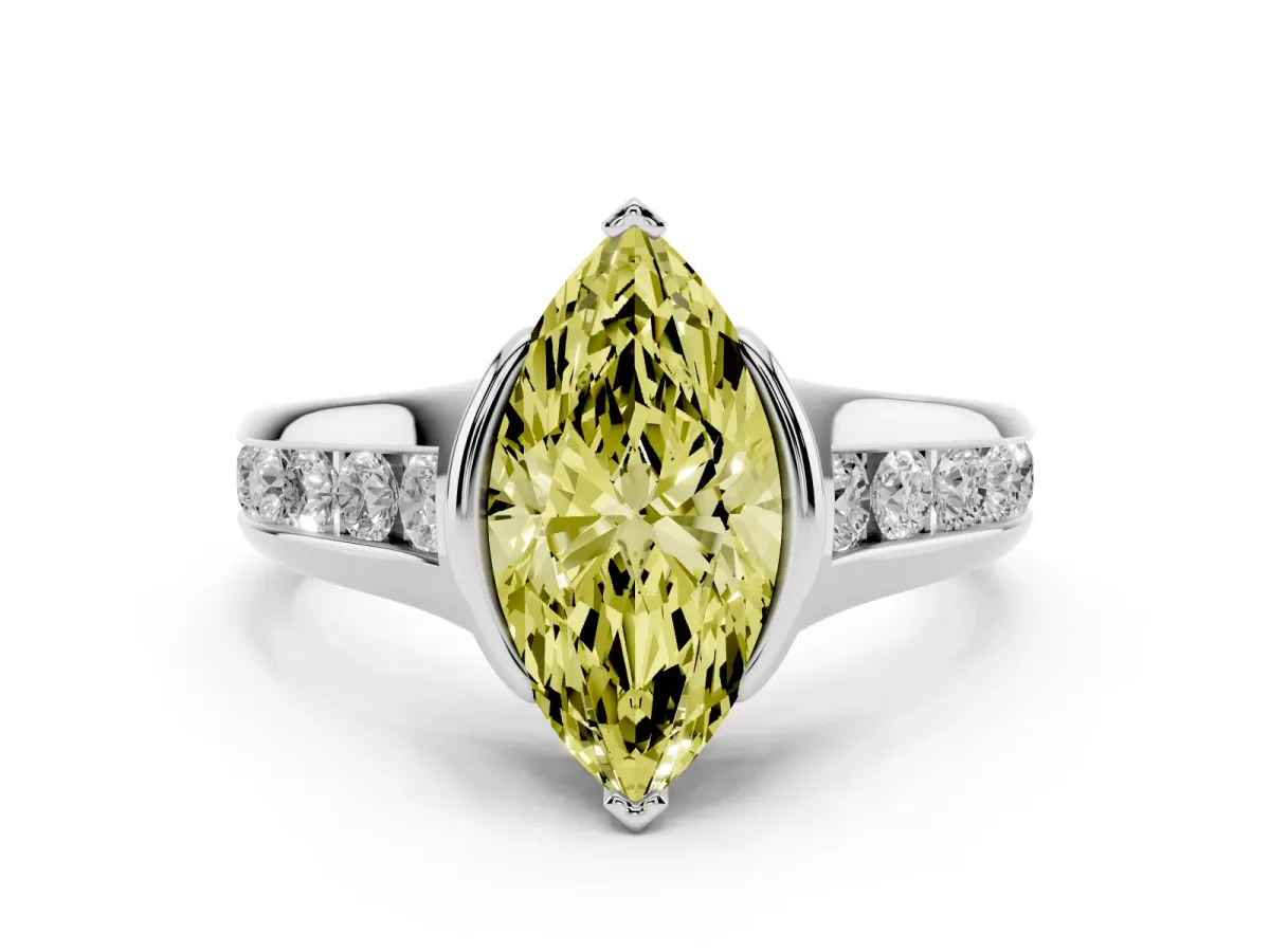Fancy Yellow Marquise Cut Solitaire Bezel-Set Diamond Ring with Channel-Set Band Silver