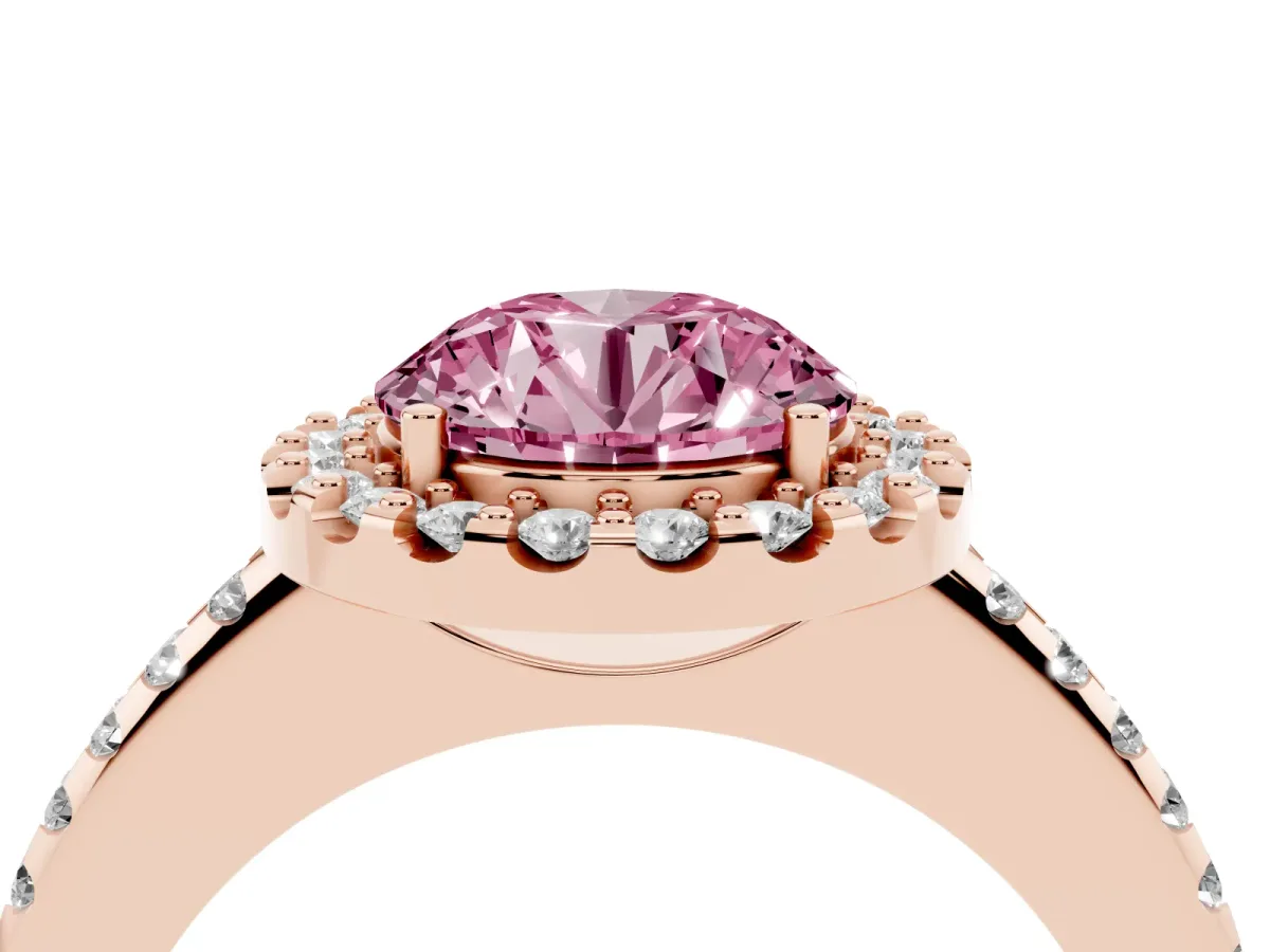 Fancy Pink Round Cut Diamond Pavé Halo Ring with Four-Prong Setting Rose gold