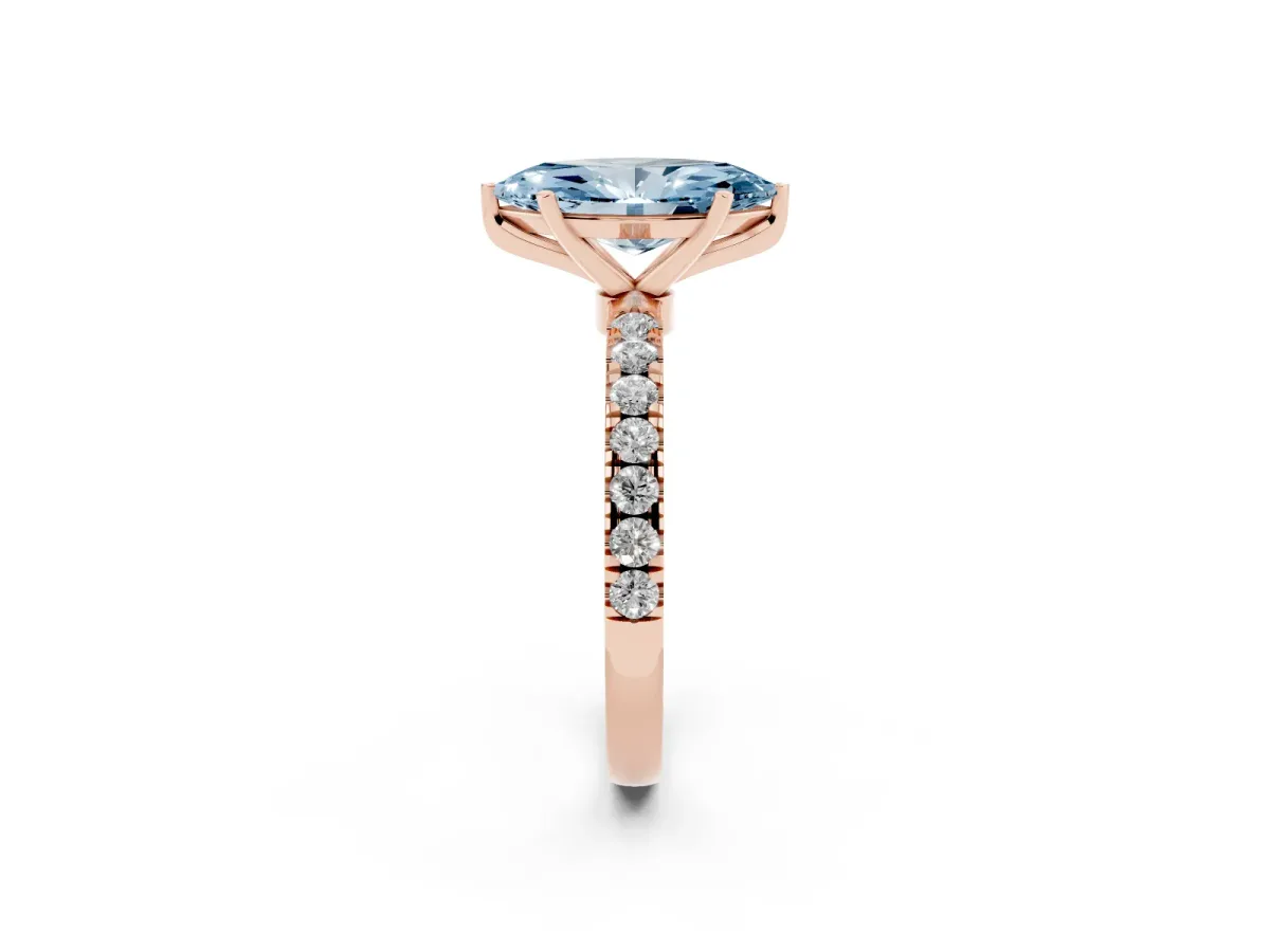 Fancy Blue Marquise Cut Diamond Solitaire Ring with Pavé Accents and Four-Prong Setting Rose gold