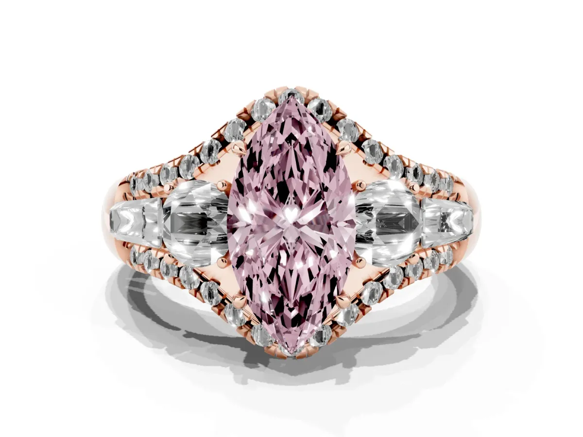 Fancy Pink Three-Stone Marquise Cut Diamond Engagement Ring with Pave Band and Prong Setting Rose gold