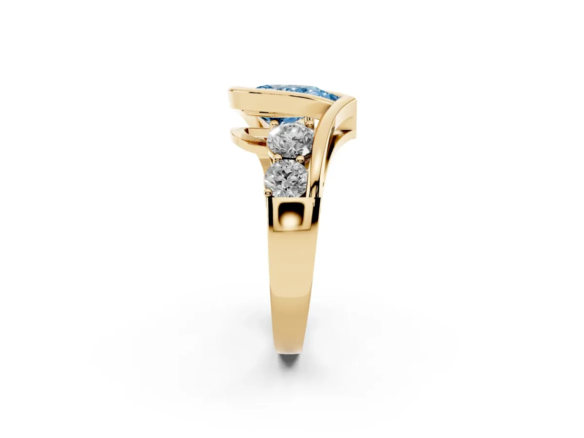 Fancy Blue Bezel Set Pear Cut Diamond Bypass Ring with Round Accents Yellow gold