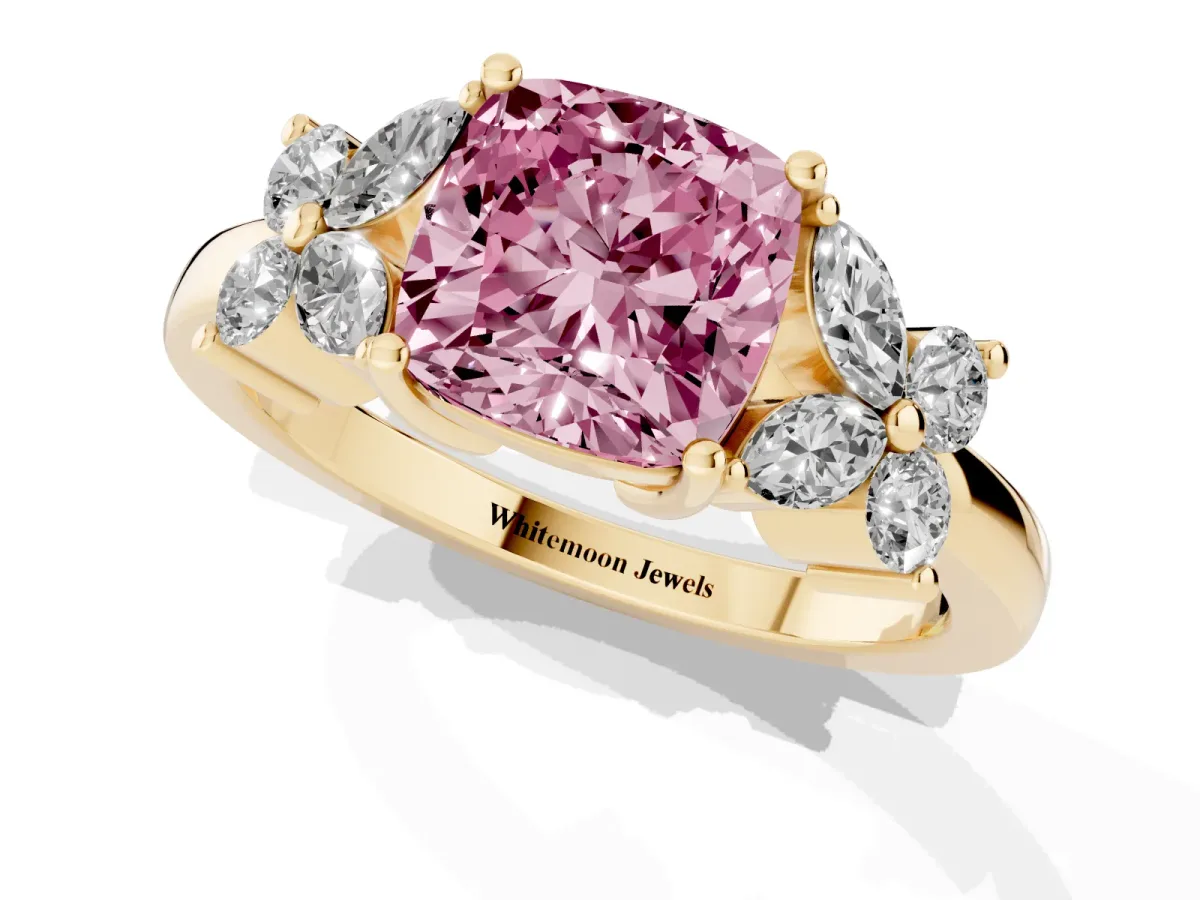 Fancy Pink Cushion Cut Diamond Floral Cluster Ring with Solitaire Band and Prong Setting Yellow gold