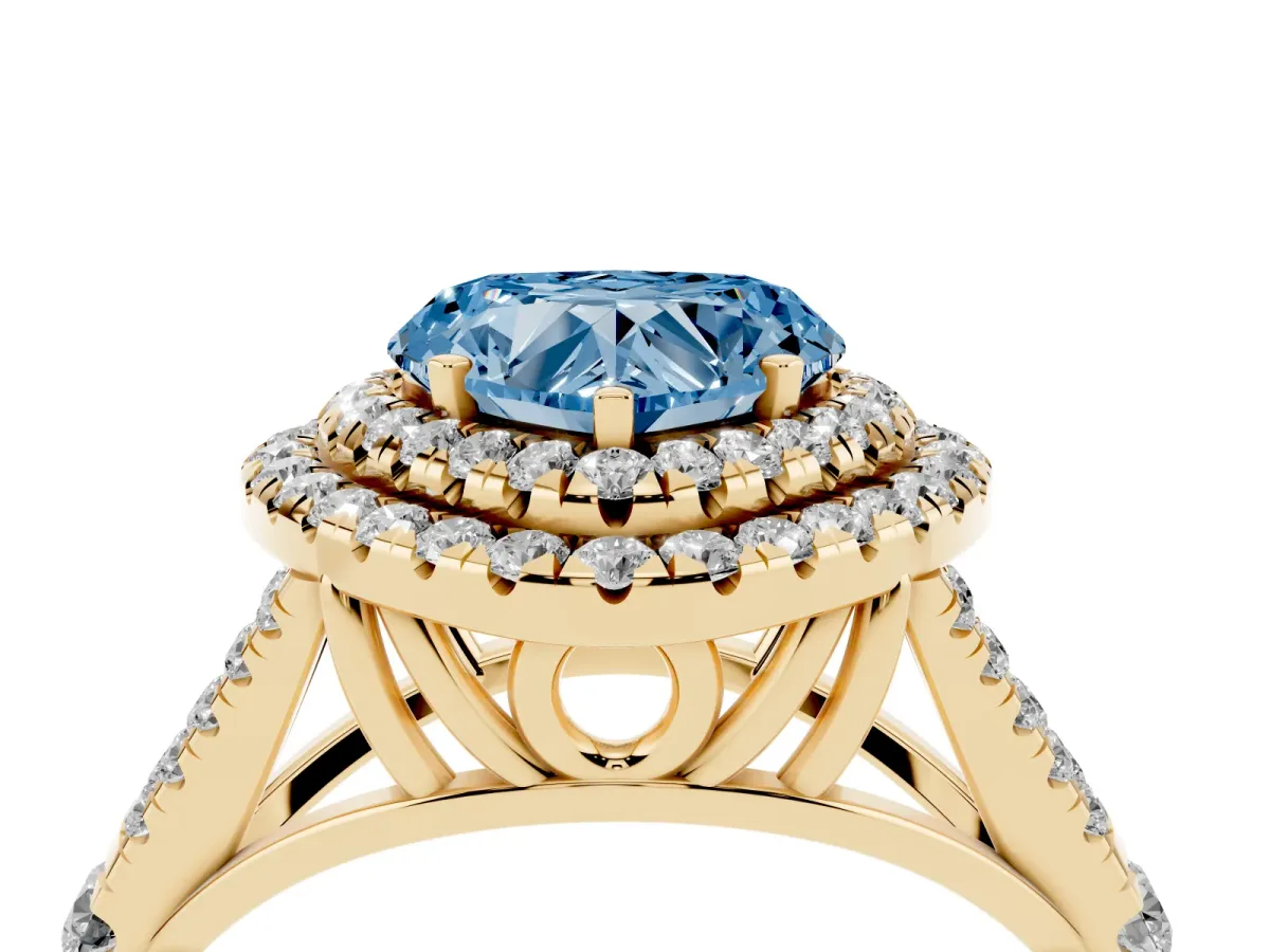 Fancy Blue Heart Cut Cut Double Halo Split Shank Diamond Ring with Prong Setting Yellow gold