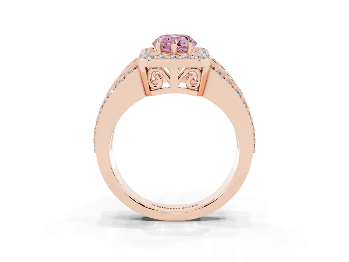 Fancy Pink Pear Cut Halo Diamond Ring with Round Split Shank and Prong Setting Rose gold