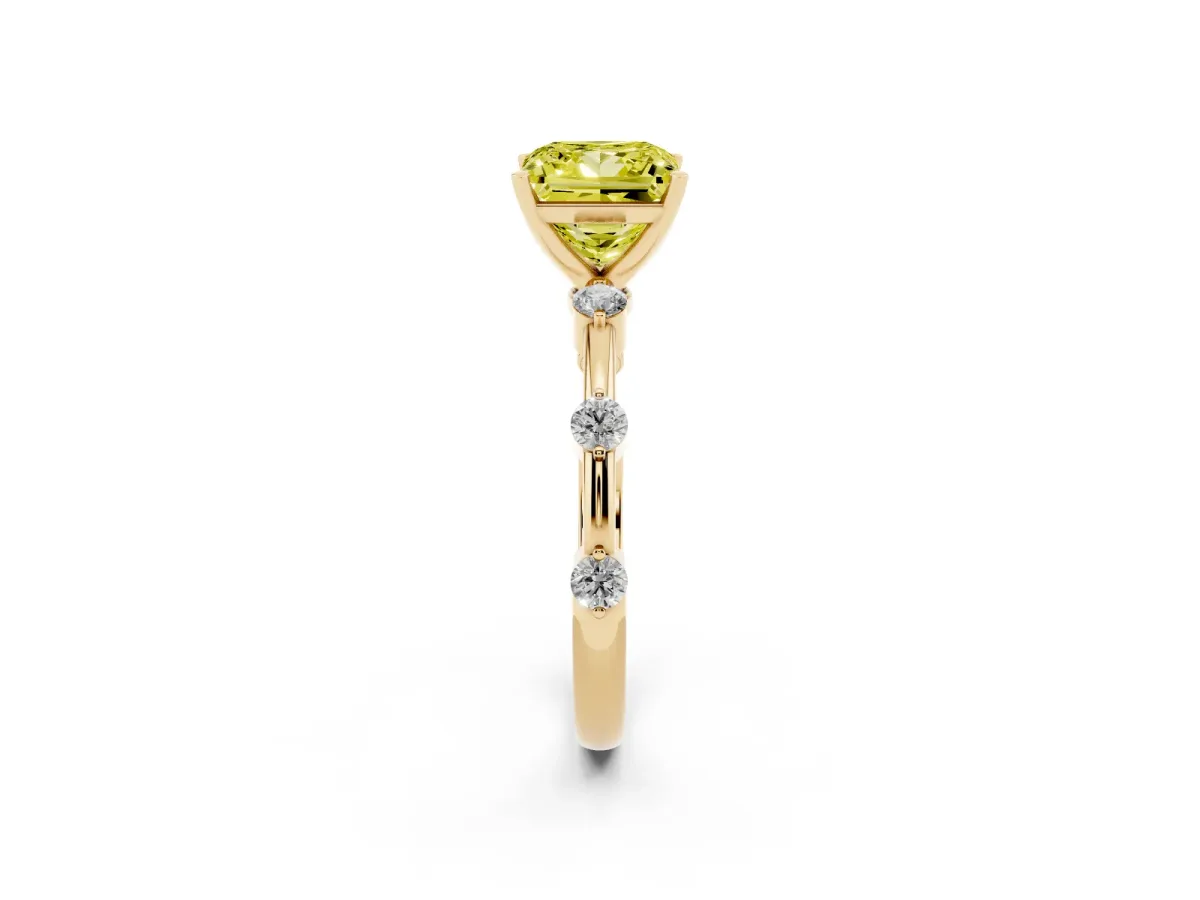 Fancy Yellow Princess Cut Solitaire Diamond Ring with Bezel Set Side Stones and Prong Setting Yellow gold