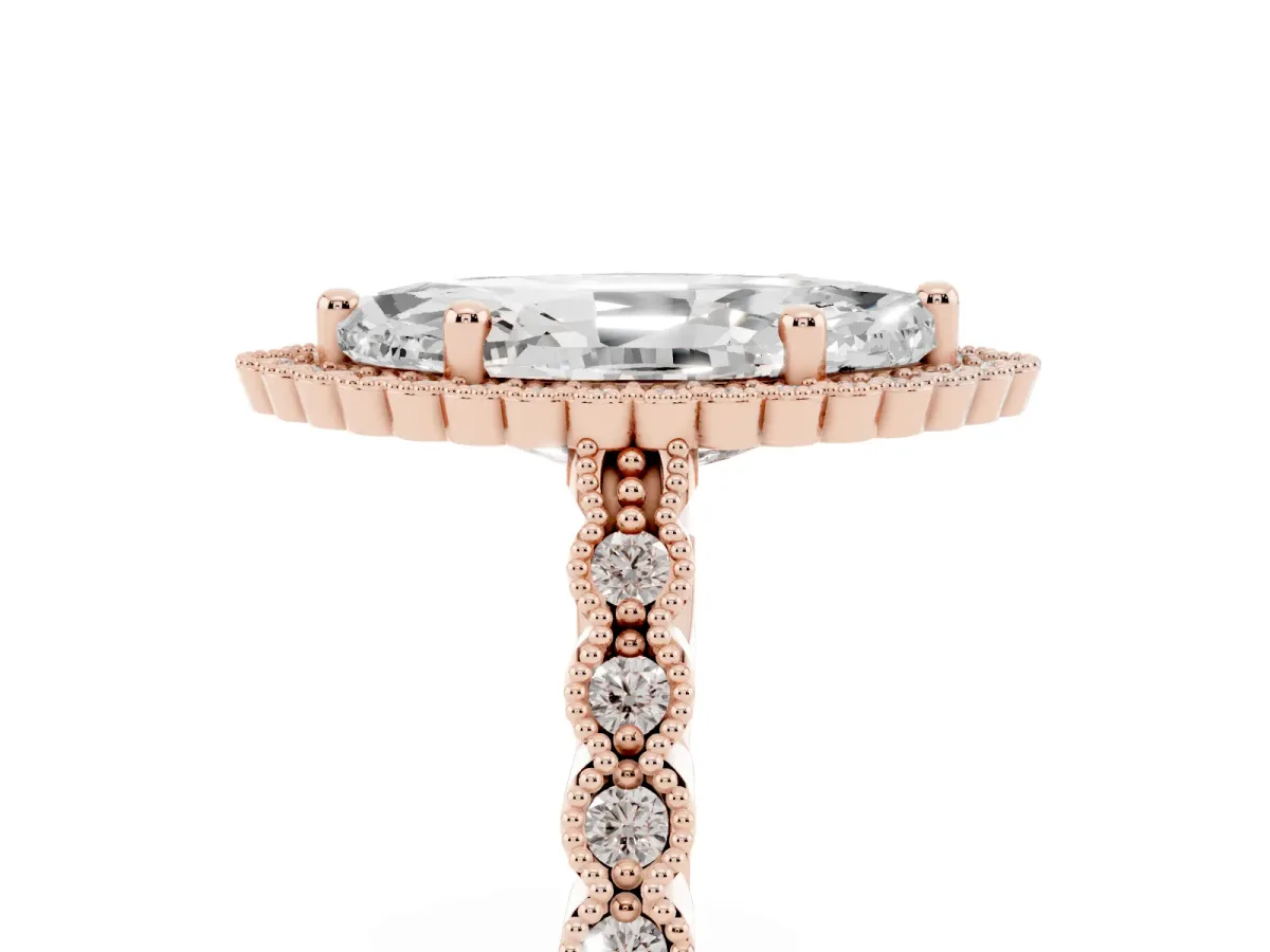 Marquise Cut Cut Halo Pavé Solitaire Ring with Milgrain Band Rose gold