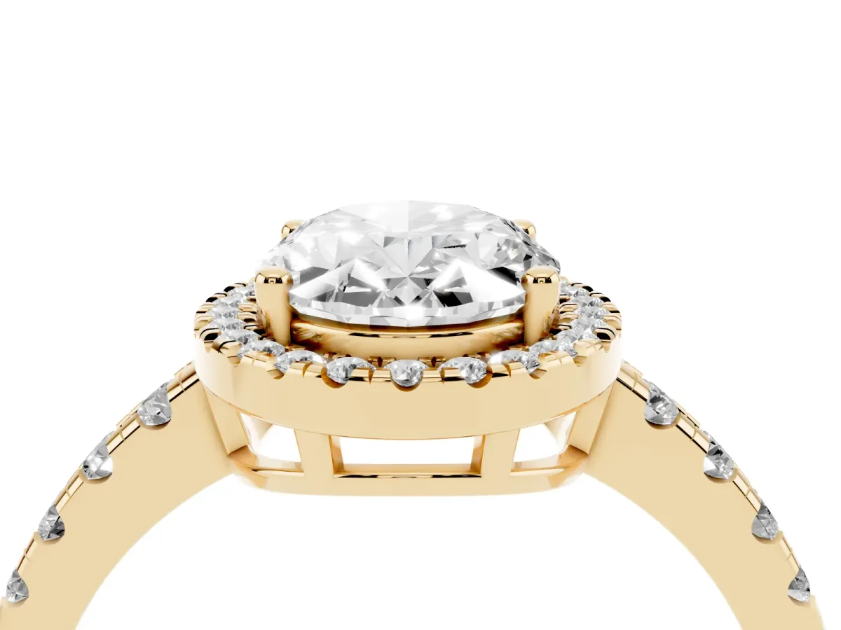 Oval Cut Diamond Halo Ring with Pavé Band and Four-Prong Setting Yellow gold