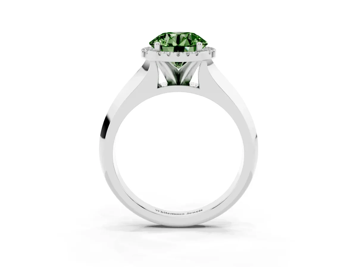 Fancy Green Round Cut Halo Diamond Ring with Cathedral Band and Four-Prong Setting White gold