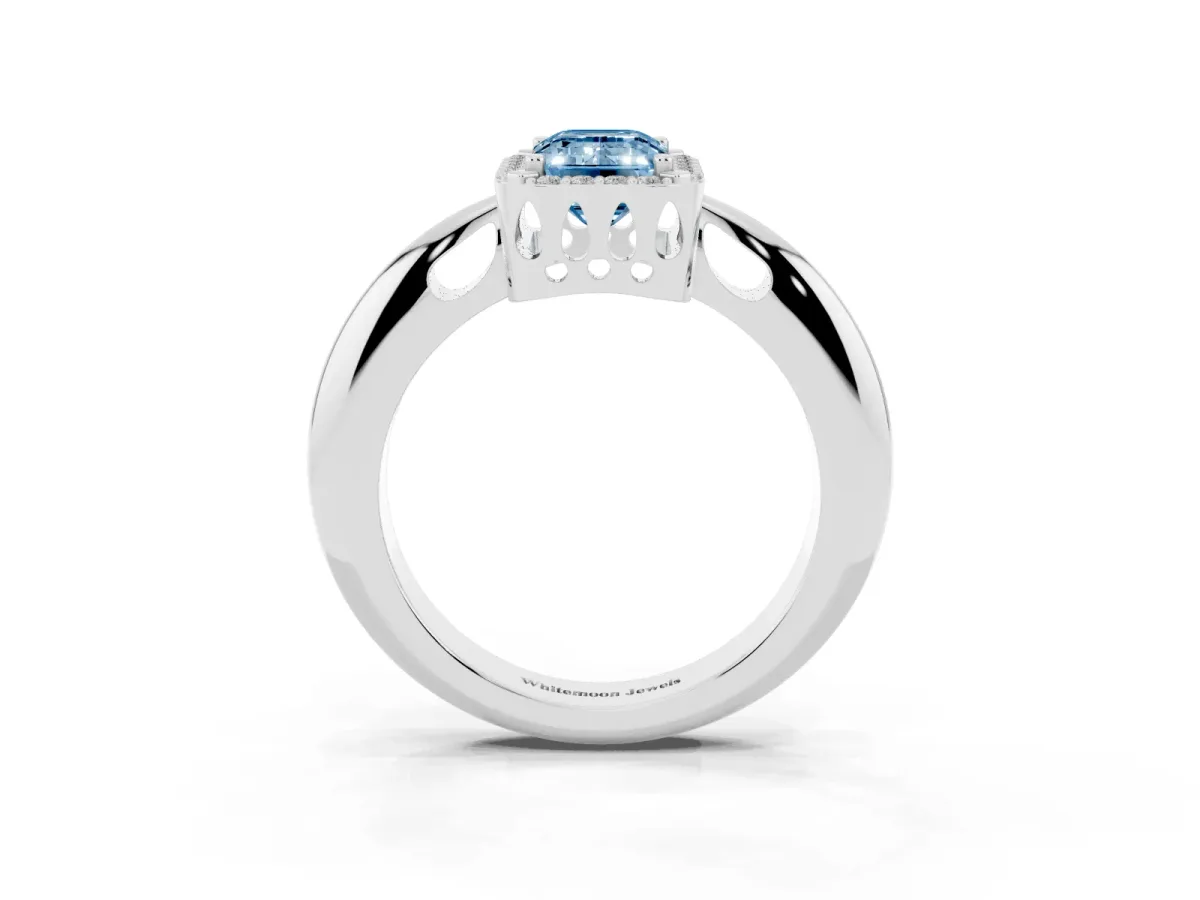 Fancy Blue Emerald Cut Cut Diamond Halo Engagement Ring with Split Shank and Four-Prong Setting Silver