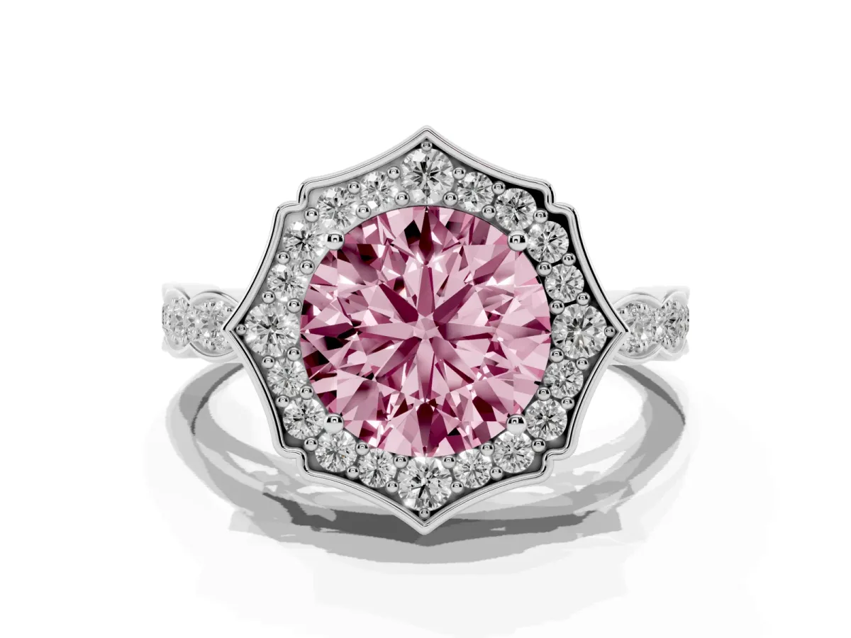 Fancy Pink Round Cut Halo Diamond Engagement Ring with Milgrain Band and Four-Prong Setting Silver