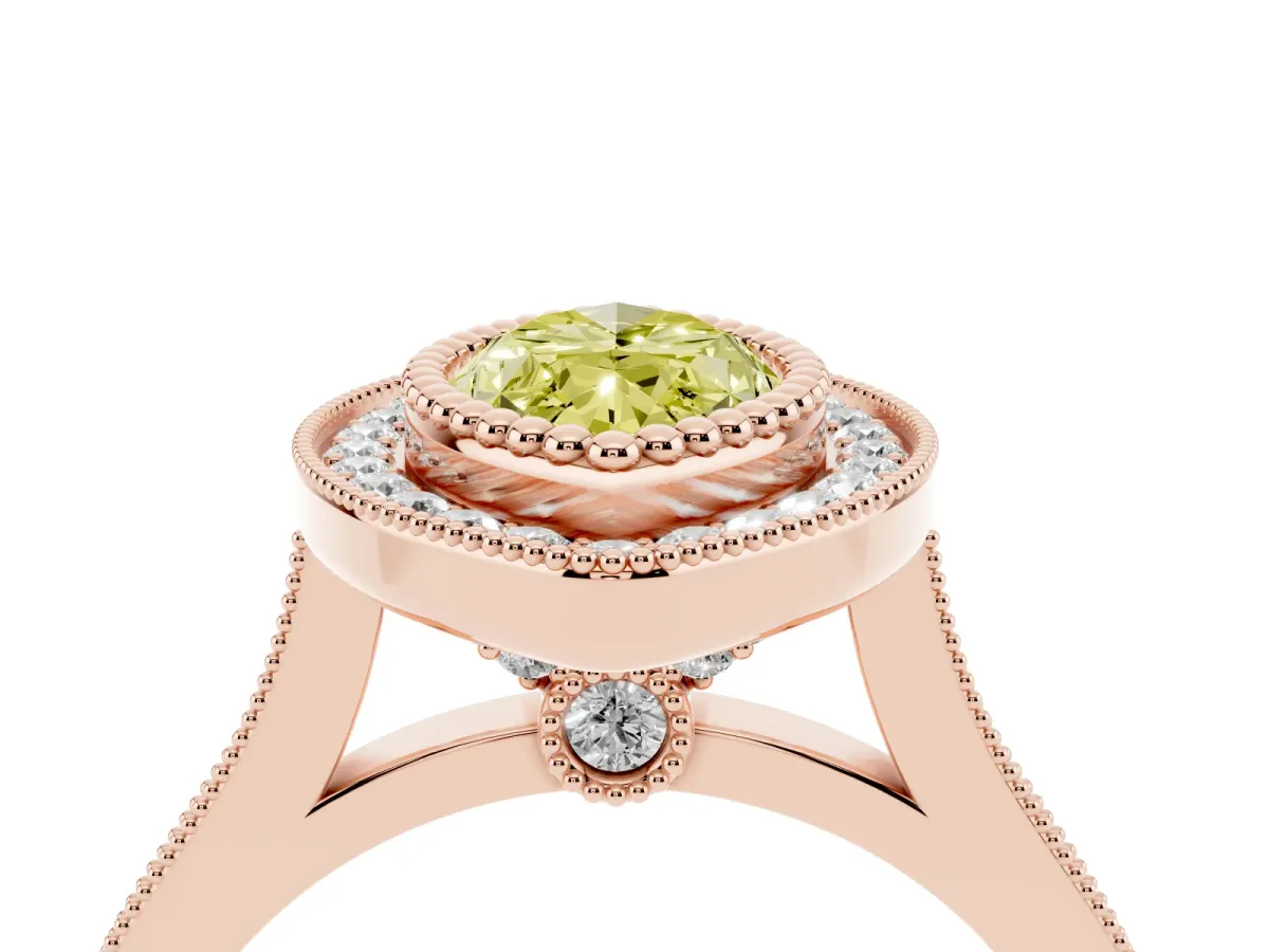 Fancy Yellow Marquise Cut Diamond Halo Ring with Milgrain Frame and Pavé Band Rose gold