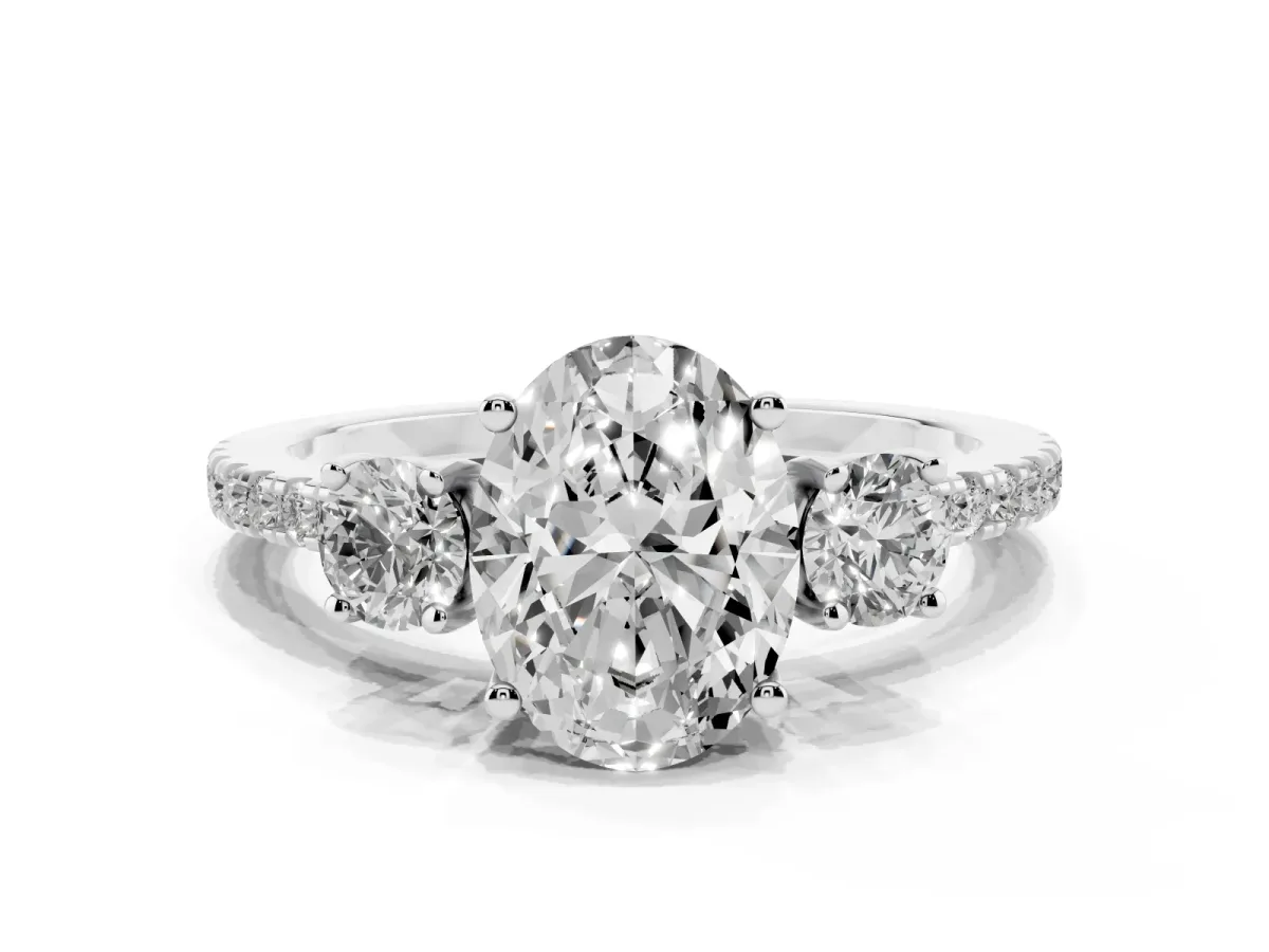 Three-Stone Oval Cut Cut Diamond Pavé Band with Prong Setting Silver