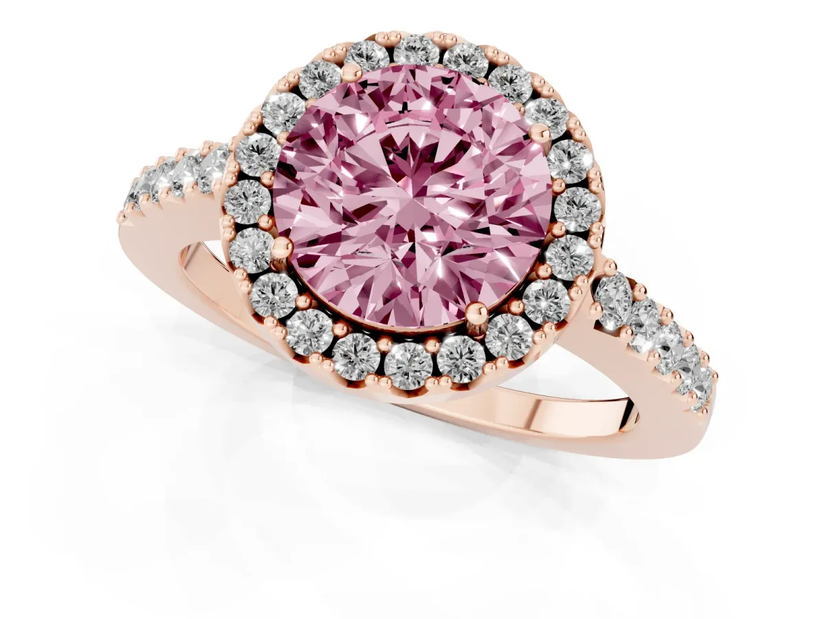 Fancy Pink Round Cut Halo Diamond Pavé Solitaire Ring Rose gold