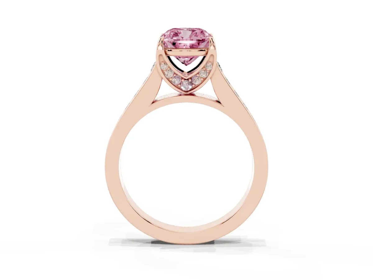 Fancy Pink Cushion Cut Brilliant Cut Diamond Engagement Ring with Pavé Band and Four-Prong Setting Rose gold