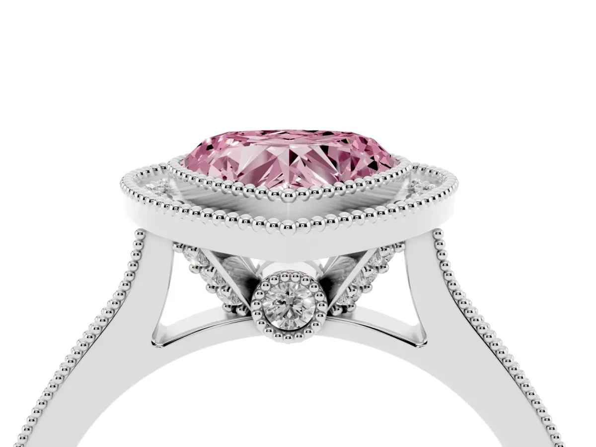 Fancy Pink Halo Heart Cut-Cut Diamond Pave Band Milgrain Prong Setting Ring White gold