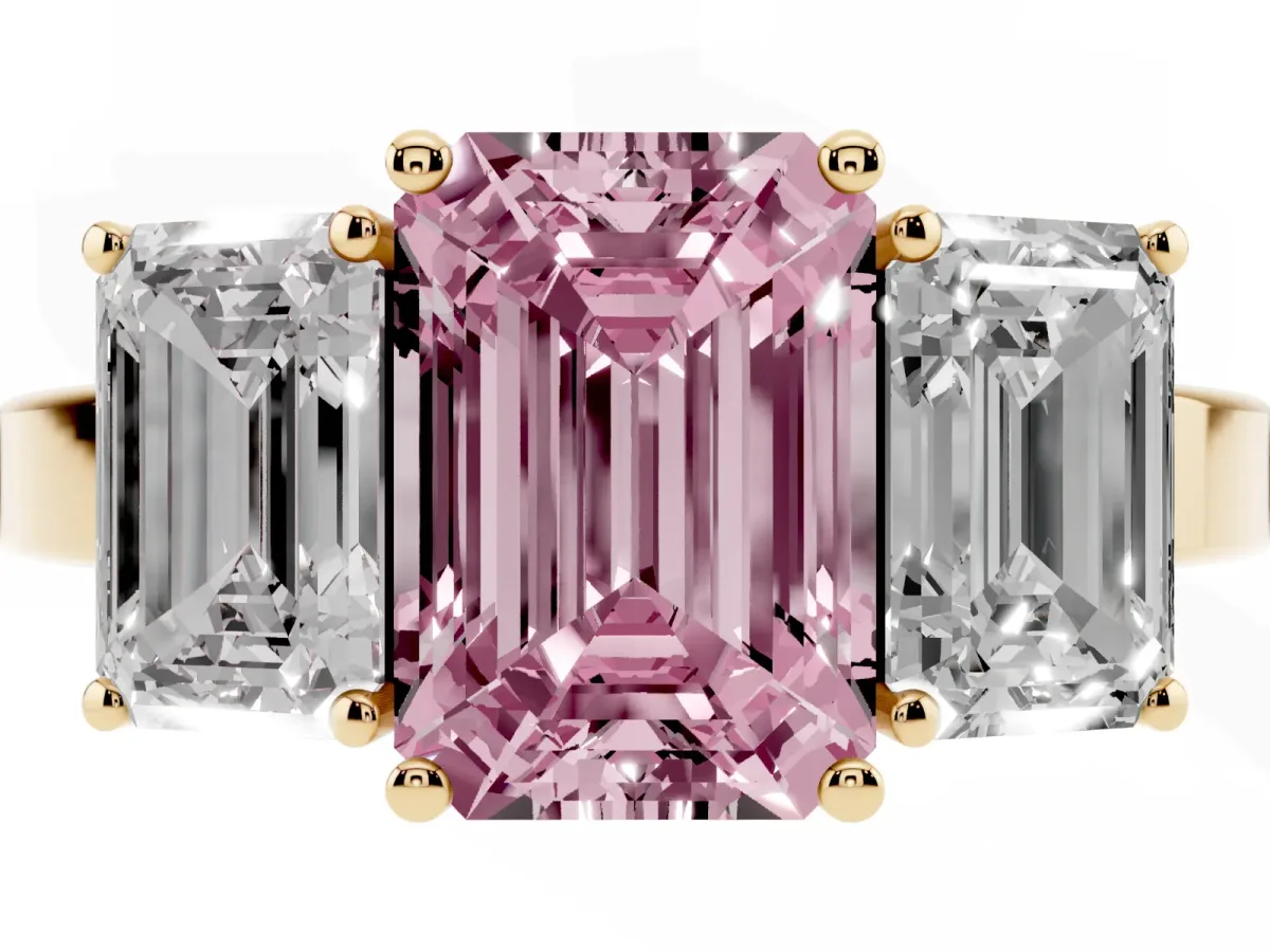 Fancy Pink Three-Stone Emerald Cut Cut Diamond Engagement Ring with Flat Band and Four-Prong Setting Yellow gold