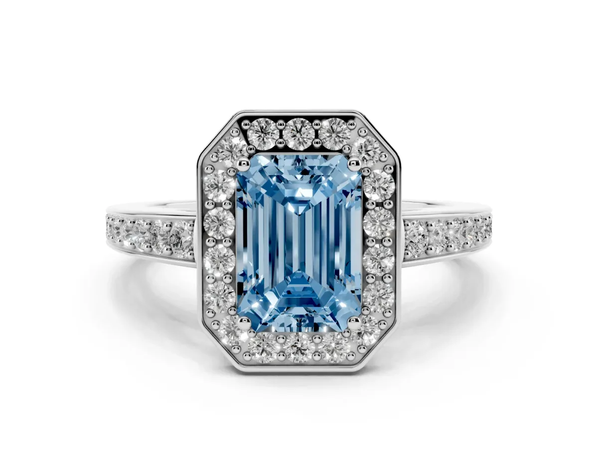 Fancy Blue Emerald Cut Halo Pavé Diamond Engagement Ring with Bezel Setting White gold