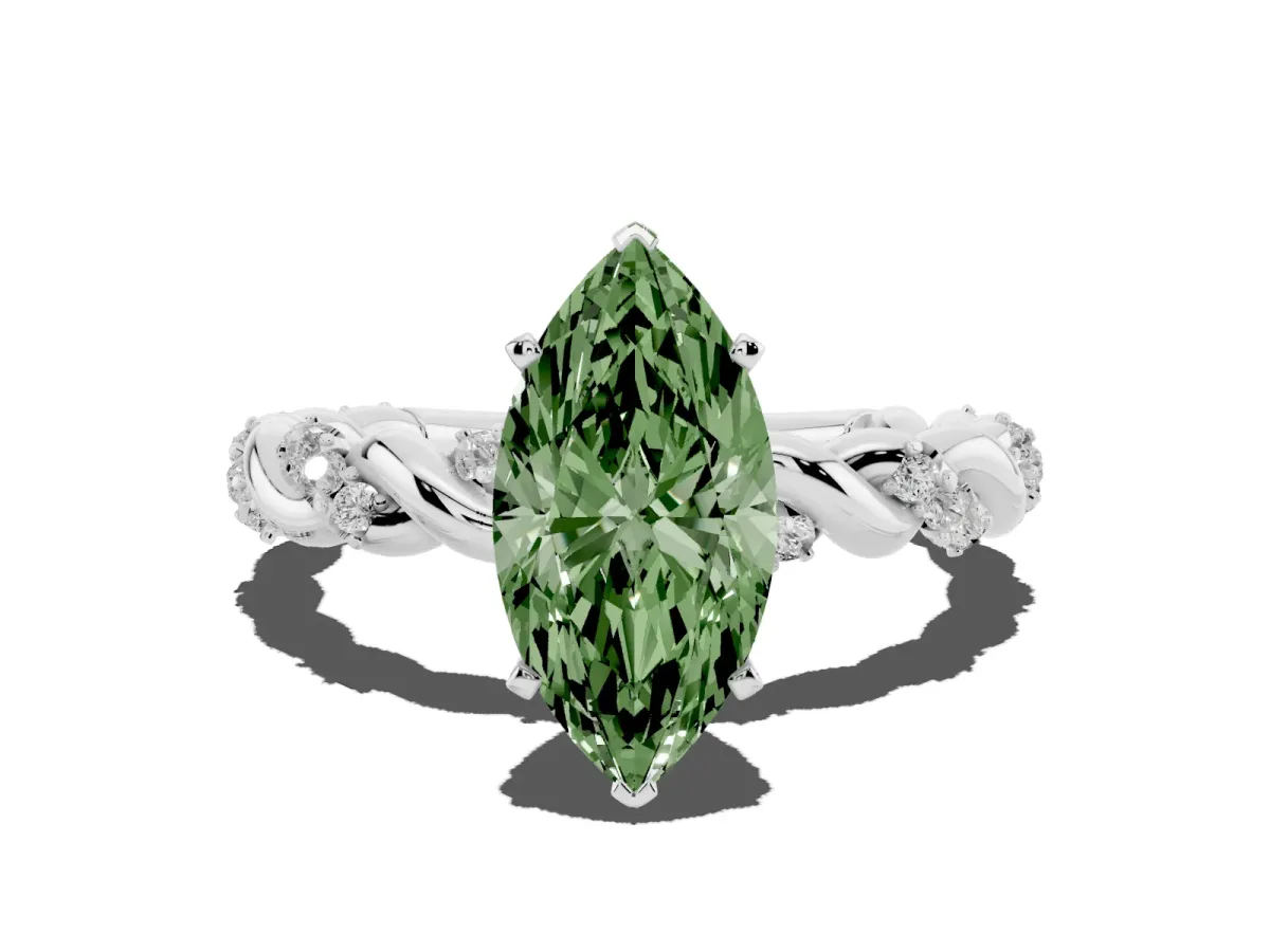 Fancy Green Marquise Cut Diamond Solitaire Ring with Twisted Band and Pavé Accents Silver