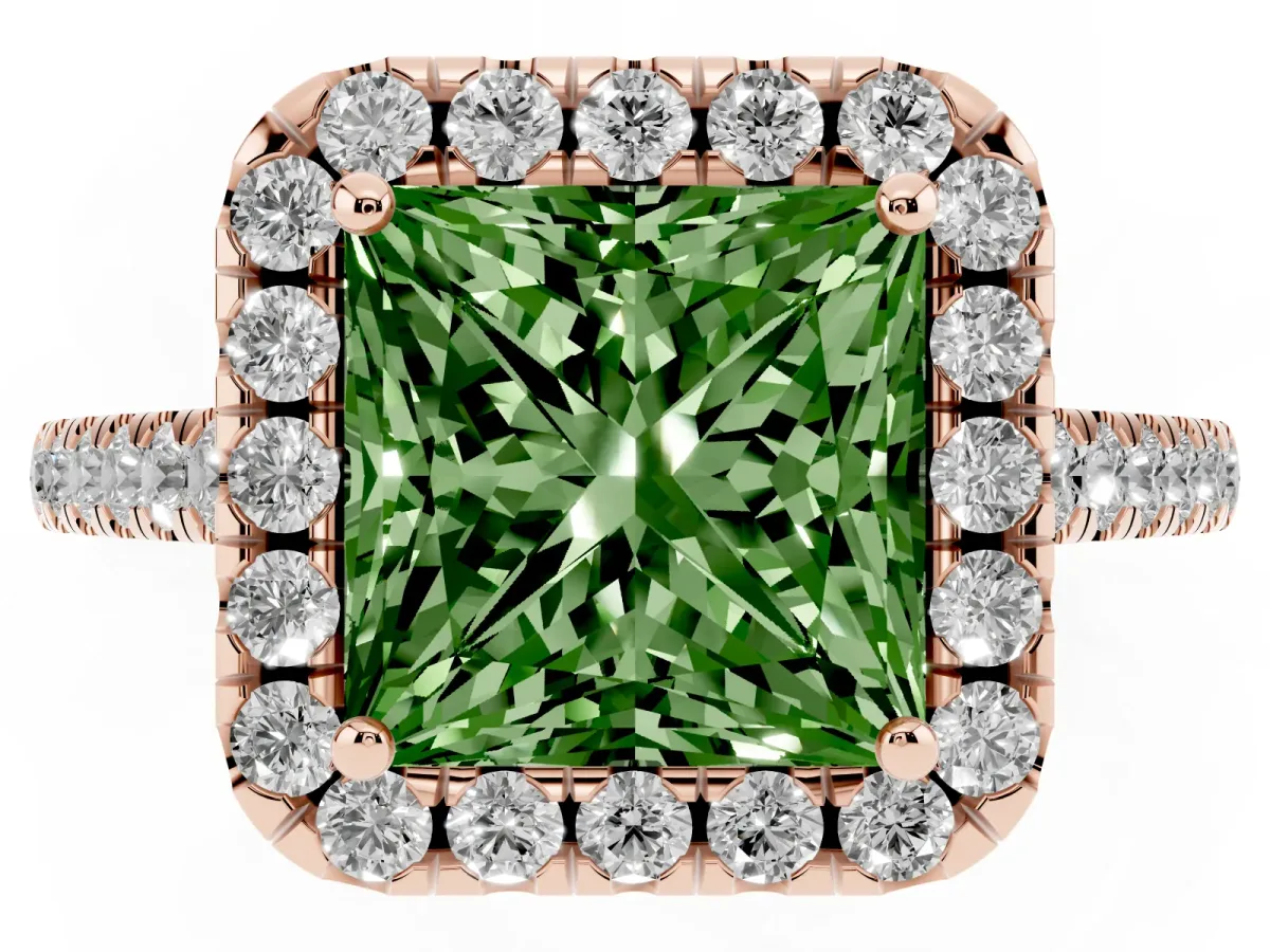 Fancy Green Princess Cut Halo Pavé Diamond Engagement Ring with Four-Prong Setting Rose gold