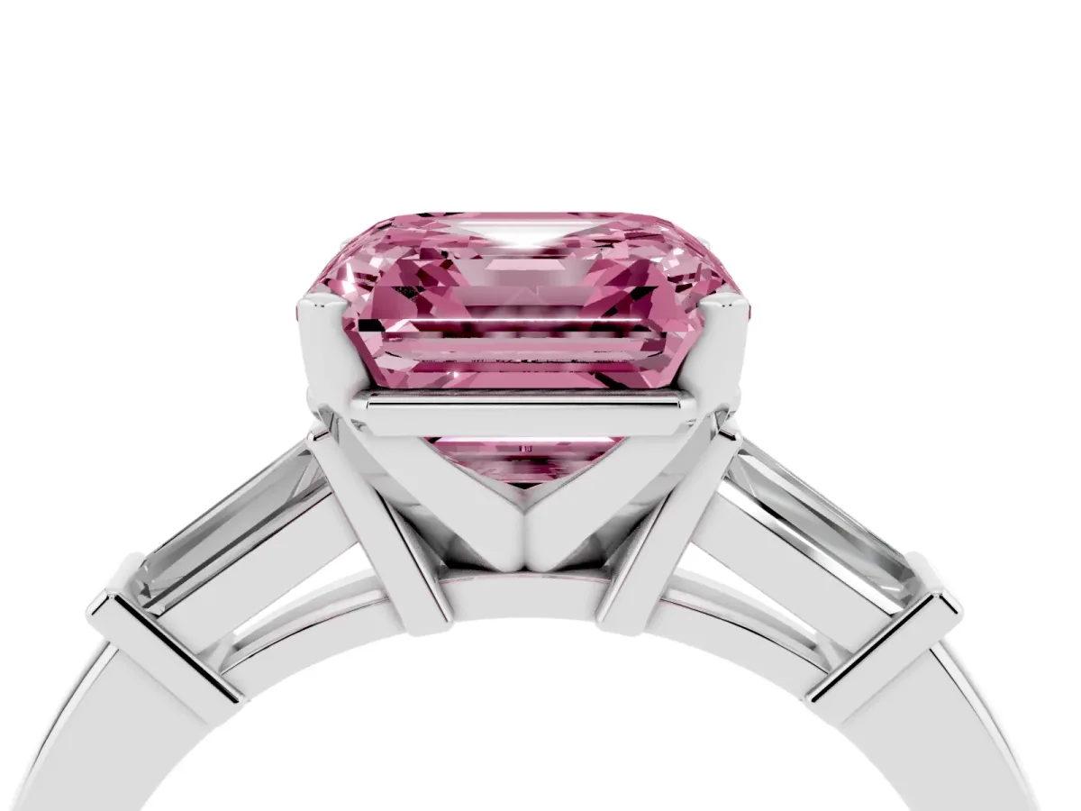 Fancy Pink Asscher Cut Cut Diamond Solitaire Ring with Tapered Baguette Accents and Four-Prong Setting Platinum