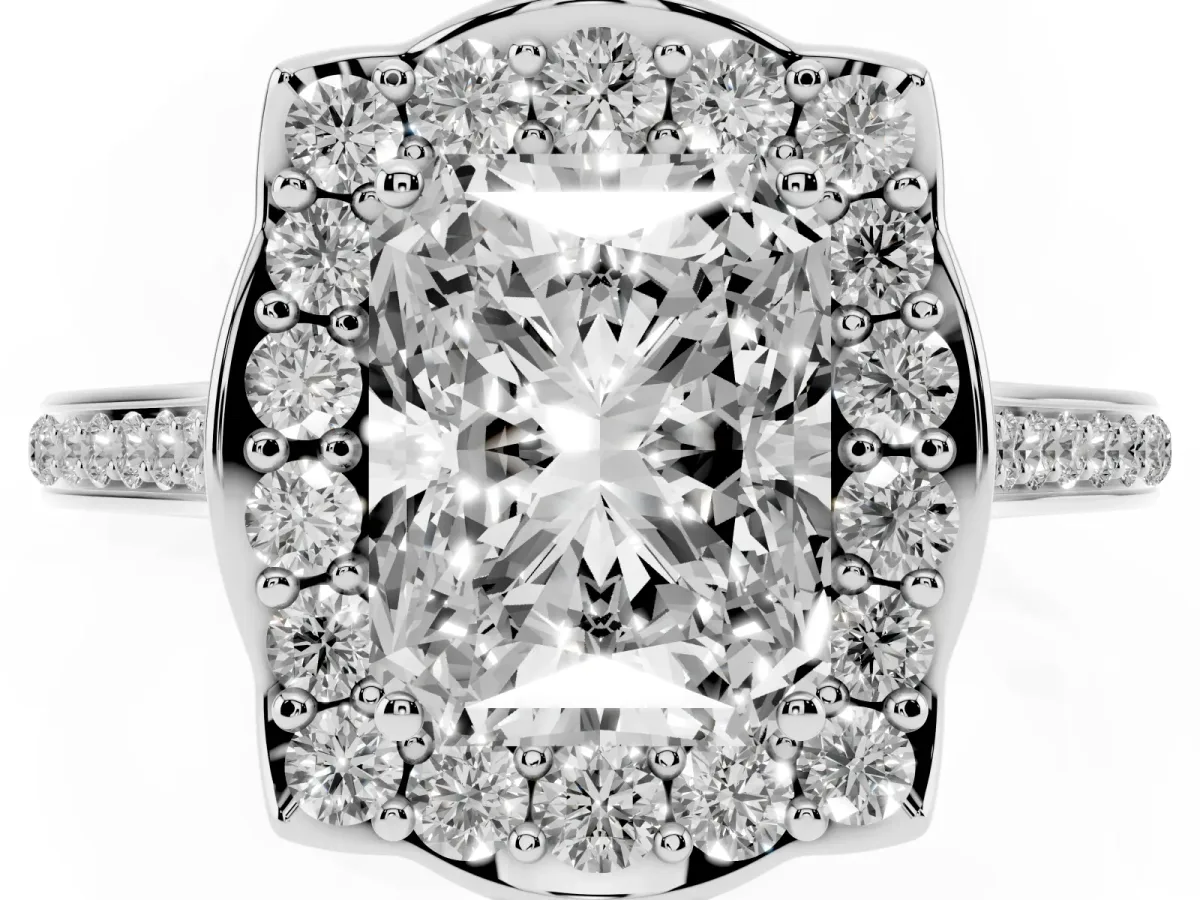 Radiant Cut Halo Round Diamond Pave Band with Four-Prong Setting Platinum