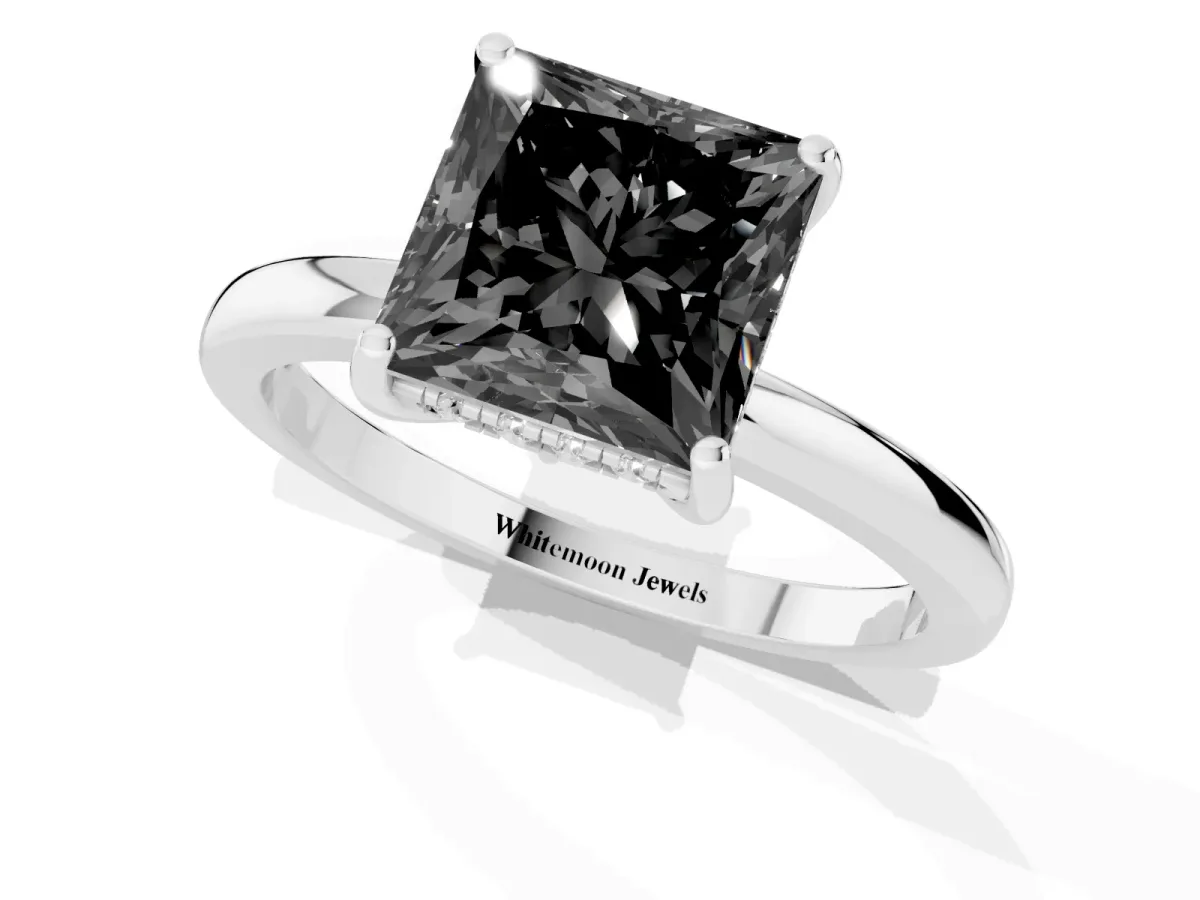 Fancy Black Princess Cut Solitaire Diamond Ring with Prong Setting and Plain Band Platinum