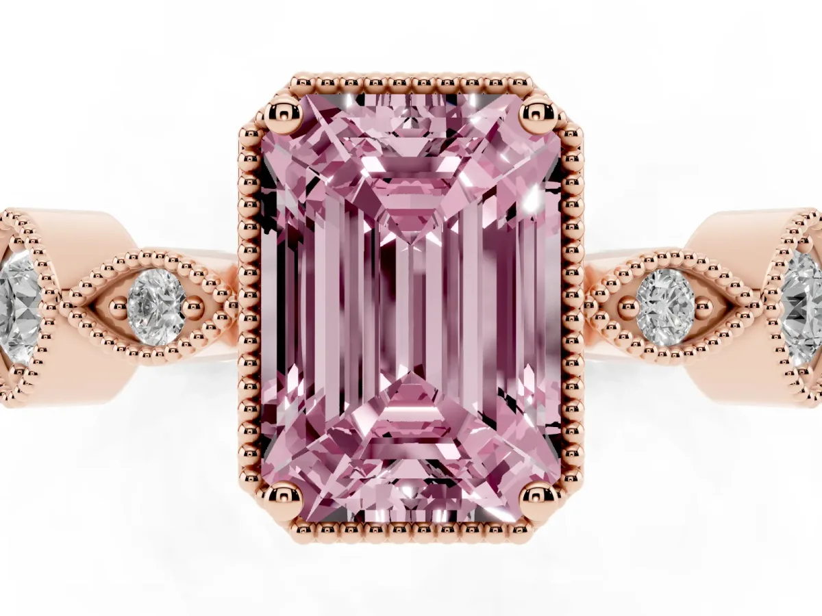 Fancy Pink Emerald Cut Diamond Vintage Milgrain Ring with Round Stations Rose gold