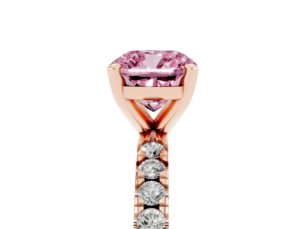 Fancy Pink Cushion Cut Diamond Pavé Band Solitaire with Four-Prong Setting Rose gold