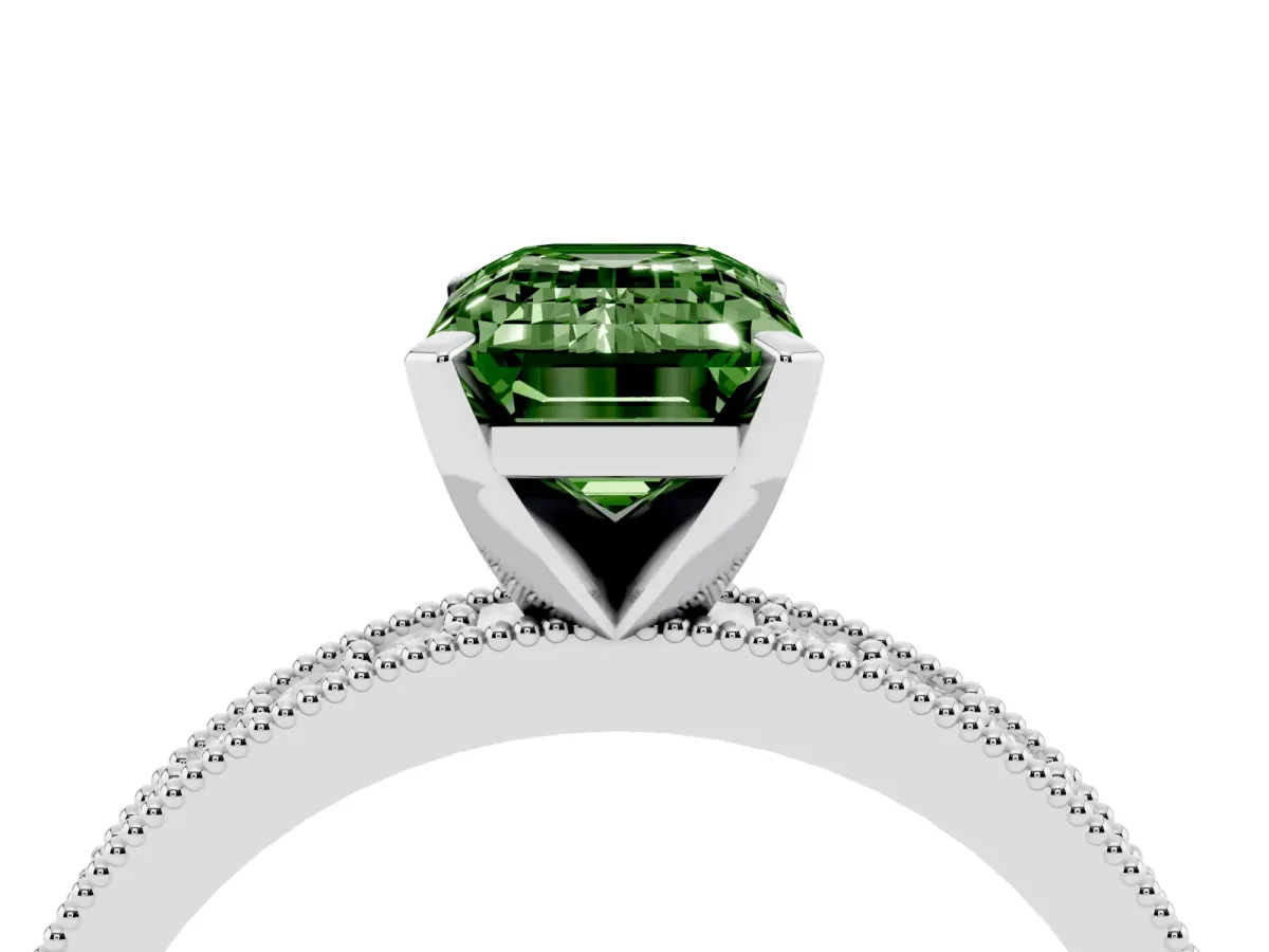 Fancy Green Emerald Cut Diamond Milgrain Pavé Engagement Ring with Four-Prong Setting Silver