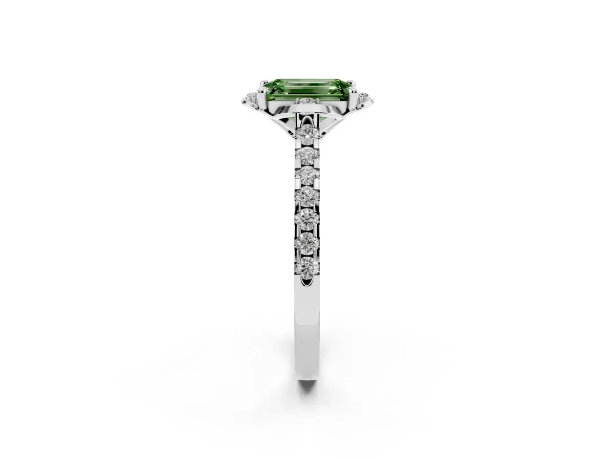 Fancy Green Emerald Cut Diamond Ring with Pavé Band and Floral Prong Setting Silver