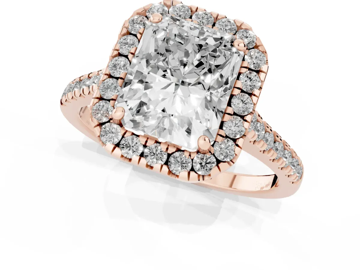 Radiant Cut Diamond Cushion Halo Ring with Pavé Band Rose gold