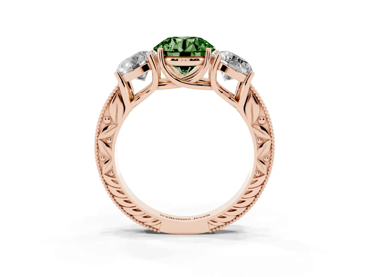 Fancy Green Three-Stone Round Cut Cut Milgrain Pavé Engagement Ring Rose gold