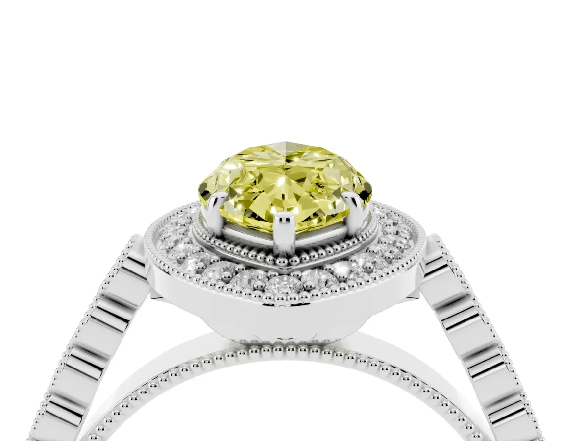 Fancy Yellow Marquise Cut Halo Milgrain Solitaire with Bezel Set Side Stones and Pave Band Silver