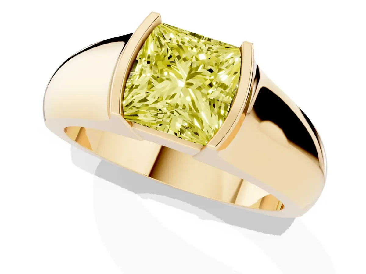 Fancy Yellow Princess Cut Solitaire Bezel Set Diamond Ring with Wide Band Yellow gold