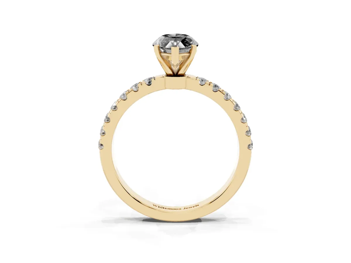 Fancy Black Marquise Cut Diamond Solitaire Ring with Pavé Accents and Four-Prong Setting Yellow gold