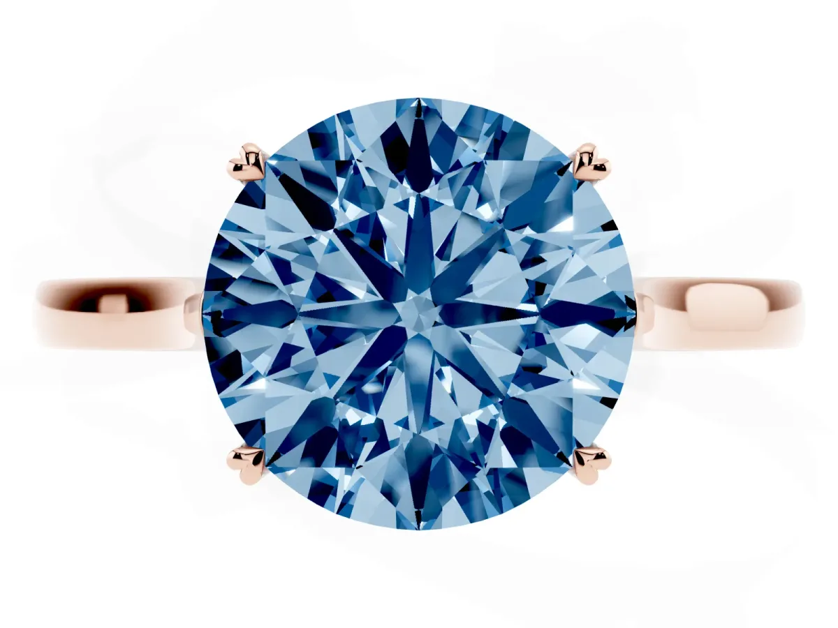 Fancy Blue Round Cut Solitaire Heart Prong Engagement Ring with Tapered Band Rose gold