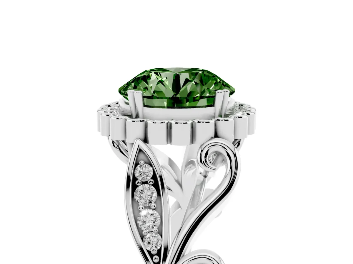 Fancy Green Round Cut Diamond Halo Ring with Vintage Split Shank and Four-Prong Setting Silver