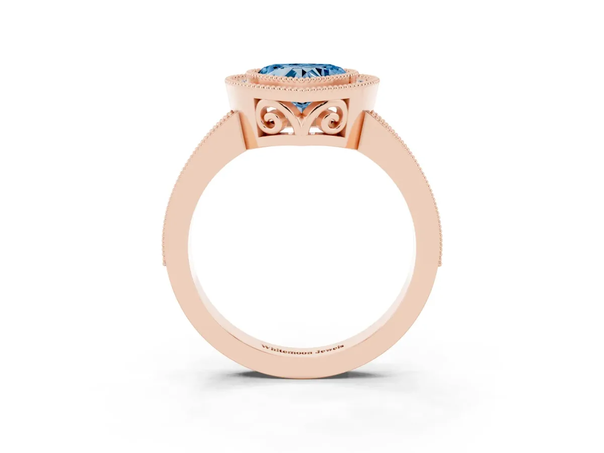 Fancy Blue Heart Cut Cut Halo Diamond Ring with Pavé Band and Milgrain Prong Setting Rose gold
