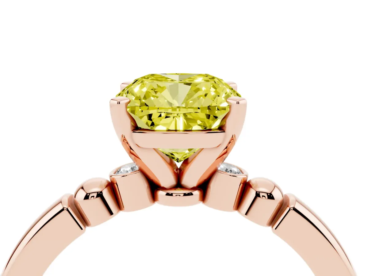 Fancy Yellow Cushion Cut Solitaire Beaded Band with Four-Prong Setting Rose gold