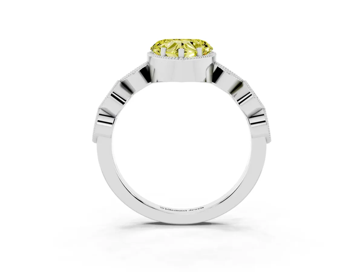 Fancy Yellow Heart Cut Diamond Vintage Milgrain Ring with Round Stations Silver