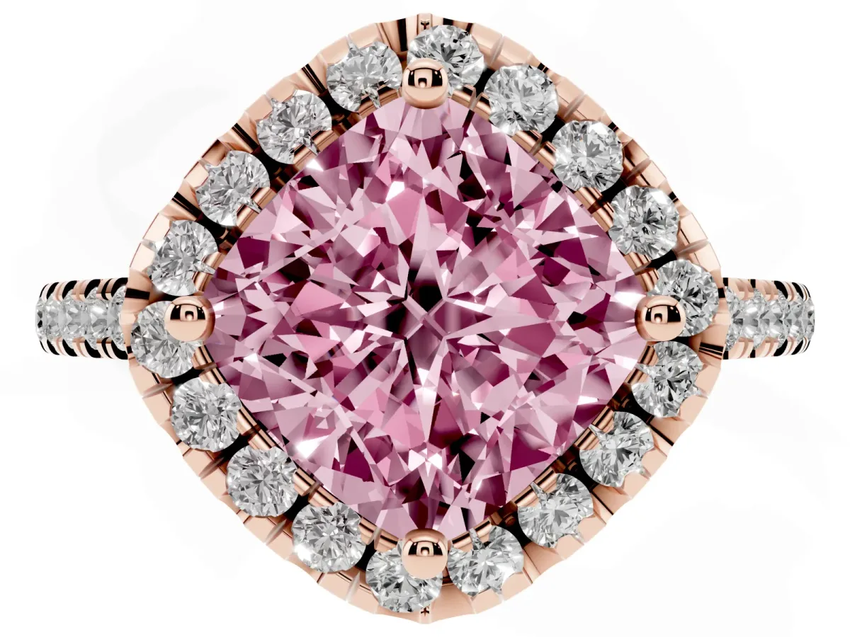 Fancy Pink Cushion Cut Diamond Cushion Halo Ring with Pavé Band Rose gold