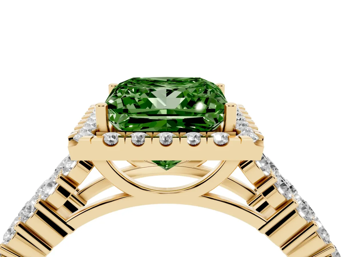 Fancy Green Princess Cut Diamond Halo Engagement Ring with Triple Row Round Pavé Band and Prong Setting Yellow gold