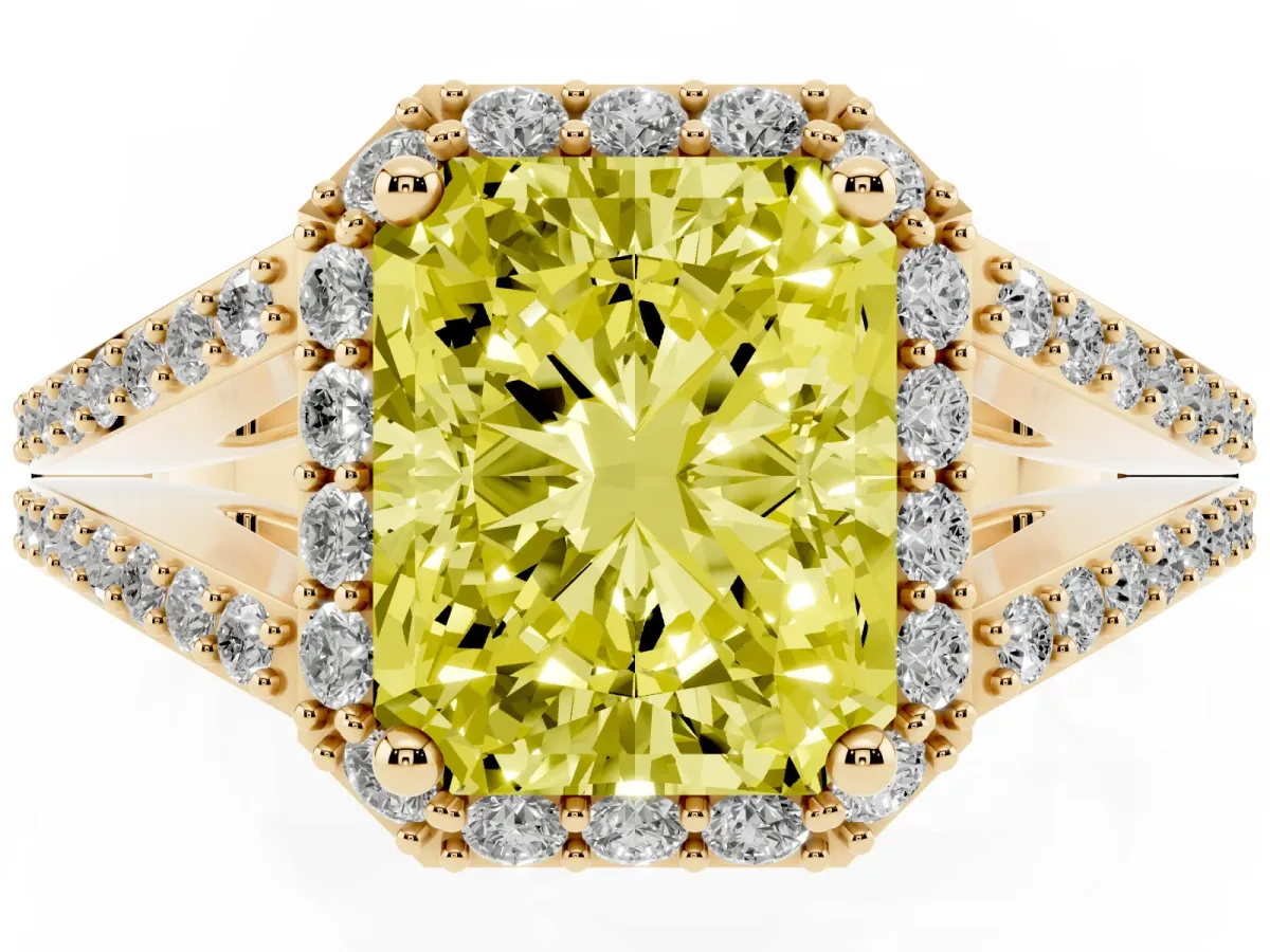 Fancy Yellow Radiant Cut Halo Split Shank Pave Diamond Ring with Four-Prong Setting Yellow gold