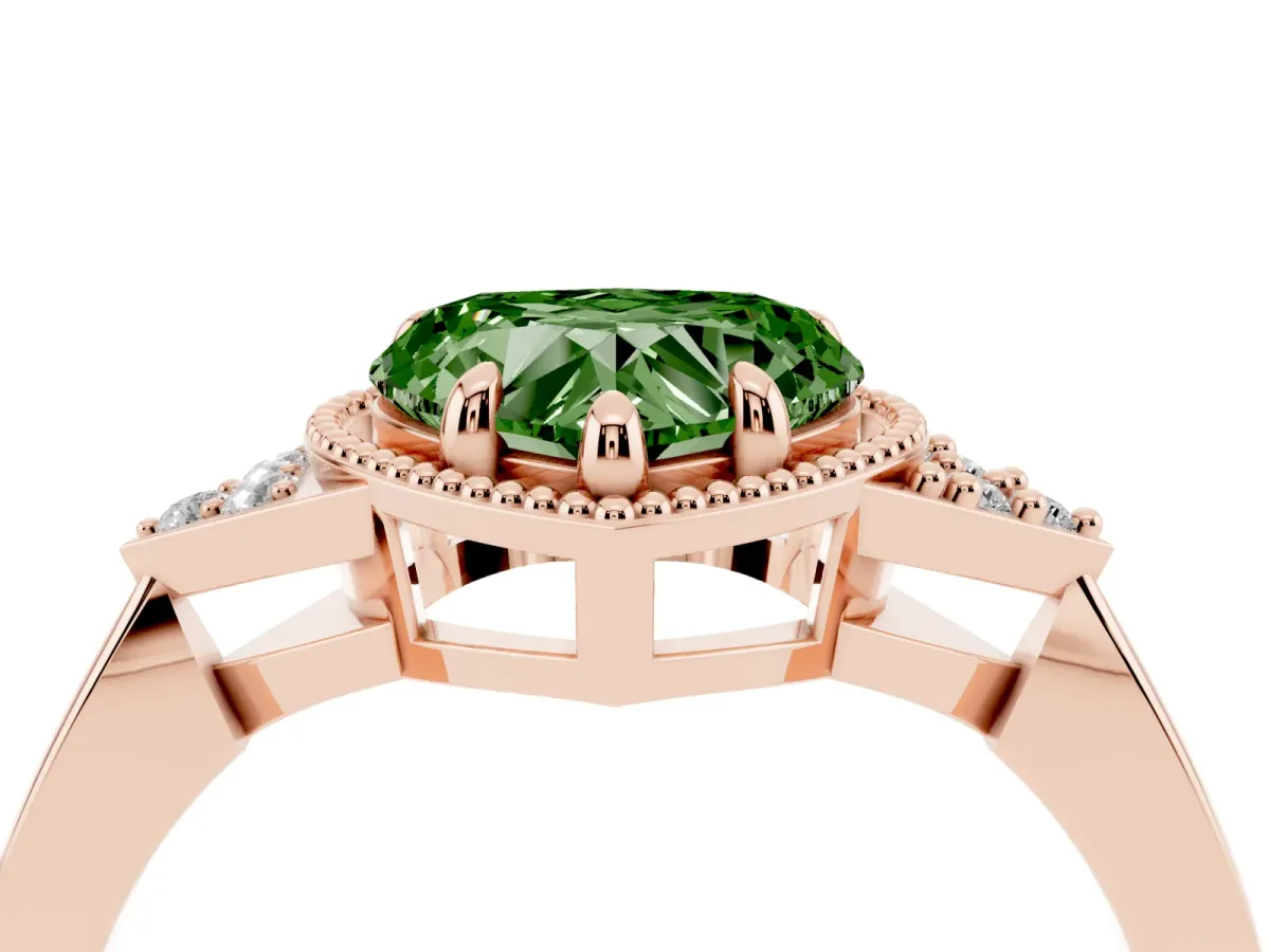 Fancy Green Hexagonal Halo Heart Cut Diamond Solitaire with Pavé Band and Four-Prong Setting Rose gold