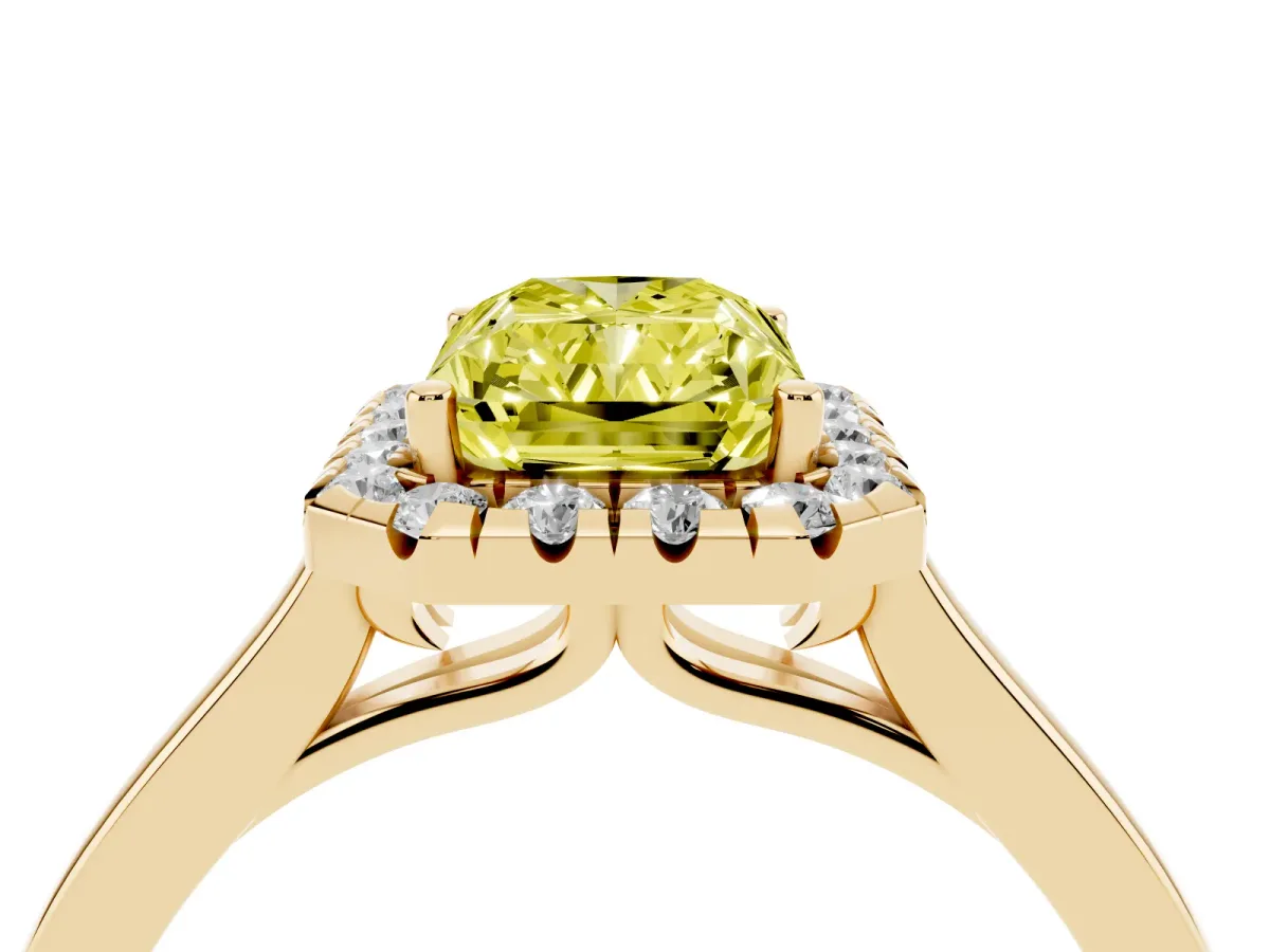 Fancy Yellow Radiant Cut Halo Round Diamond Solitaire Ring with Pavé Band and Four-Prong Setting Yellow gold