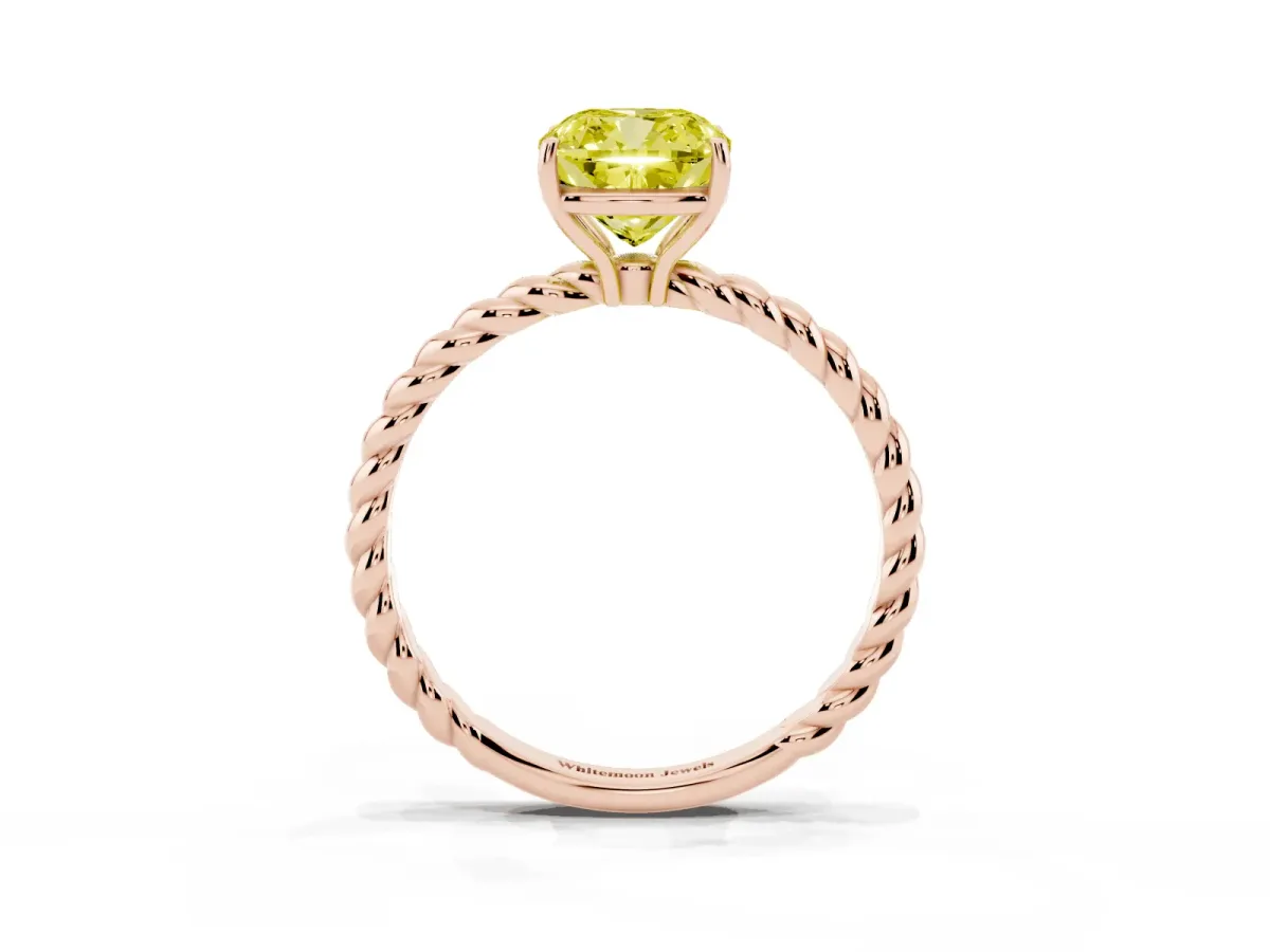 Fancy Yellow Cushion Cut Solitaire Twist Band Ring with Four-Prong Setting Rose gold